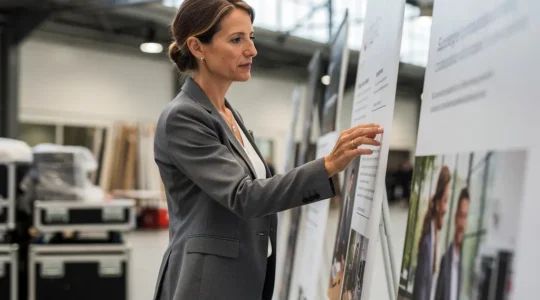 Responsable communication examinant des kakémonos pour un salon professionnel