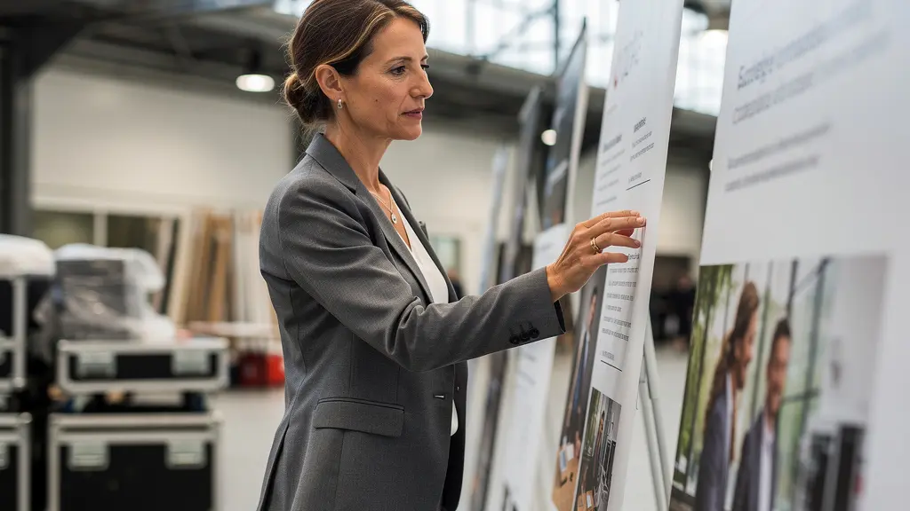 Responsable communication examinant des kakémonos pour un salon professionnel