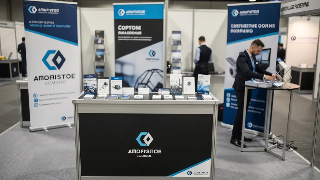 Stand de salon professionnel équipé de kakémonos et supports de communication