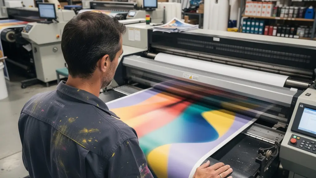 Technicien imprimeur vérifiant la qualité d'impression grand format