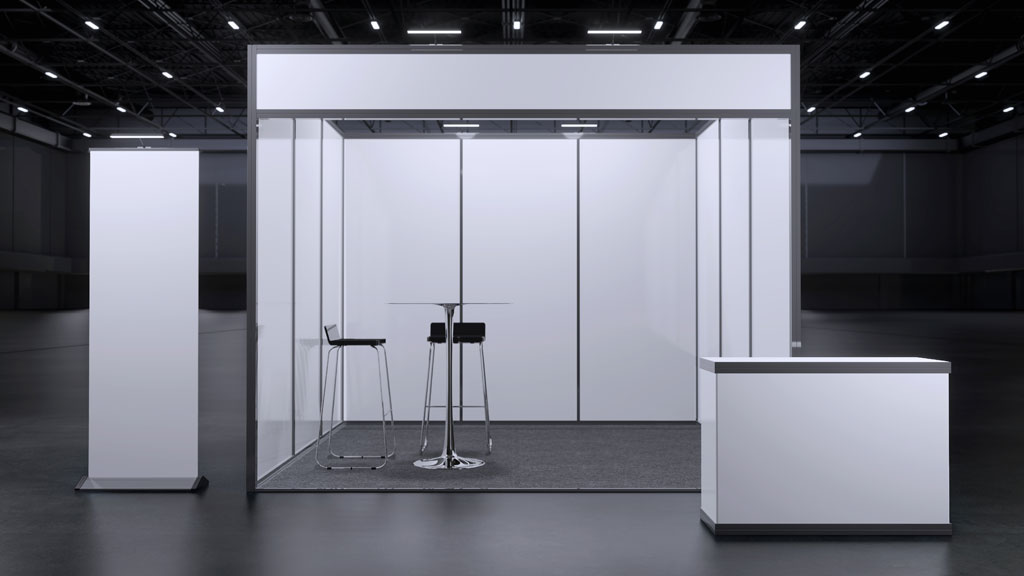 Stand de salon professionnel équipé de kakémonos et supports de communication