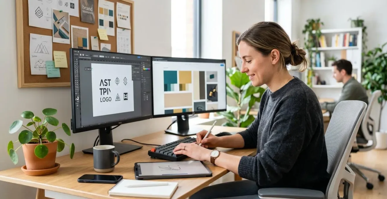Un graphiste travaille sur un projet de branding dans un bureau lumineux avec double écran affichant une palette de couleurs et un logo en cours de création