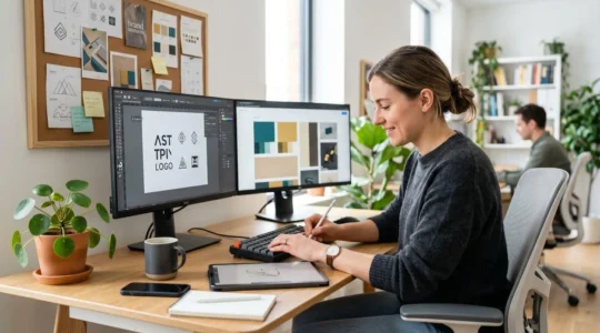 Un graphiste travaille sur un projet de branding dans un bureau lumineux avec double écran affichant une palette de couleurs et un logo en cours de création
