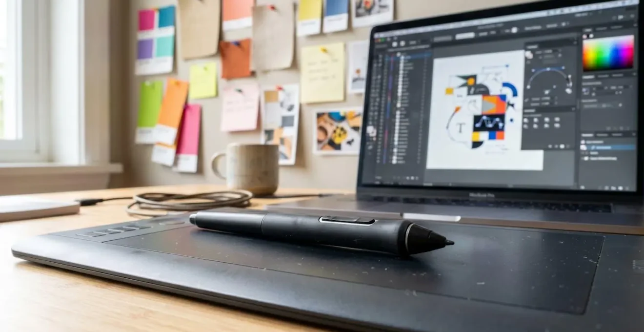 Bureau de graphiste avec écran affichant l'interface Adobe Illustrator lors de la création d'un logo, tablette graphique Wacom, et mood board physique en arrière-plan